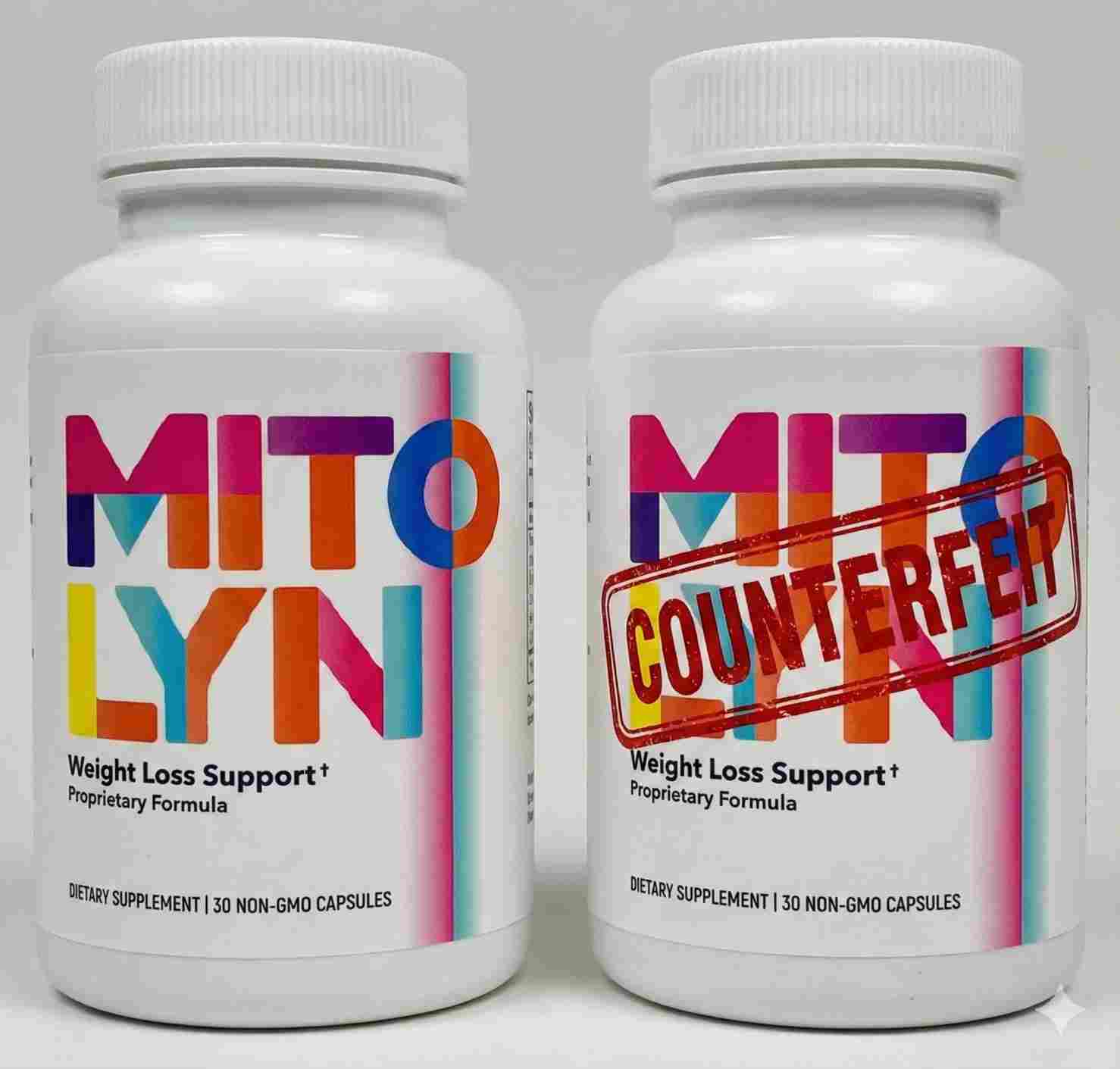 A side-by-side comparison of a real bottle from the official site versus a fake bottle with a COUNTERFEIT red stamp