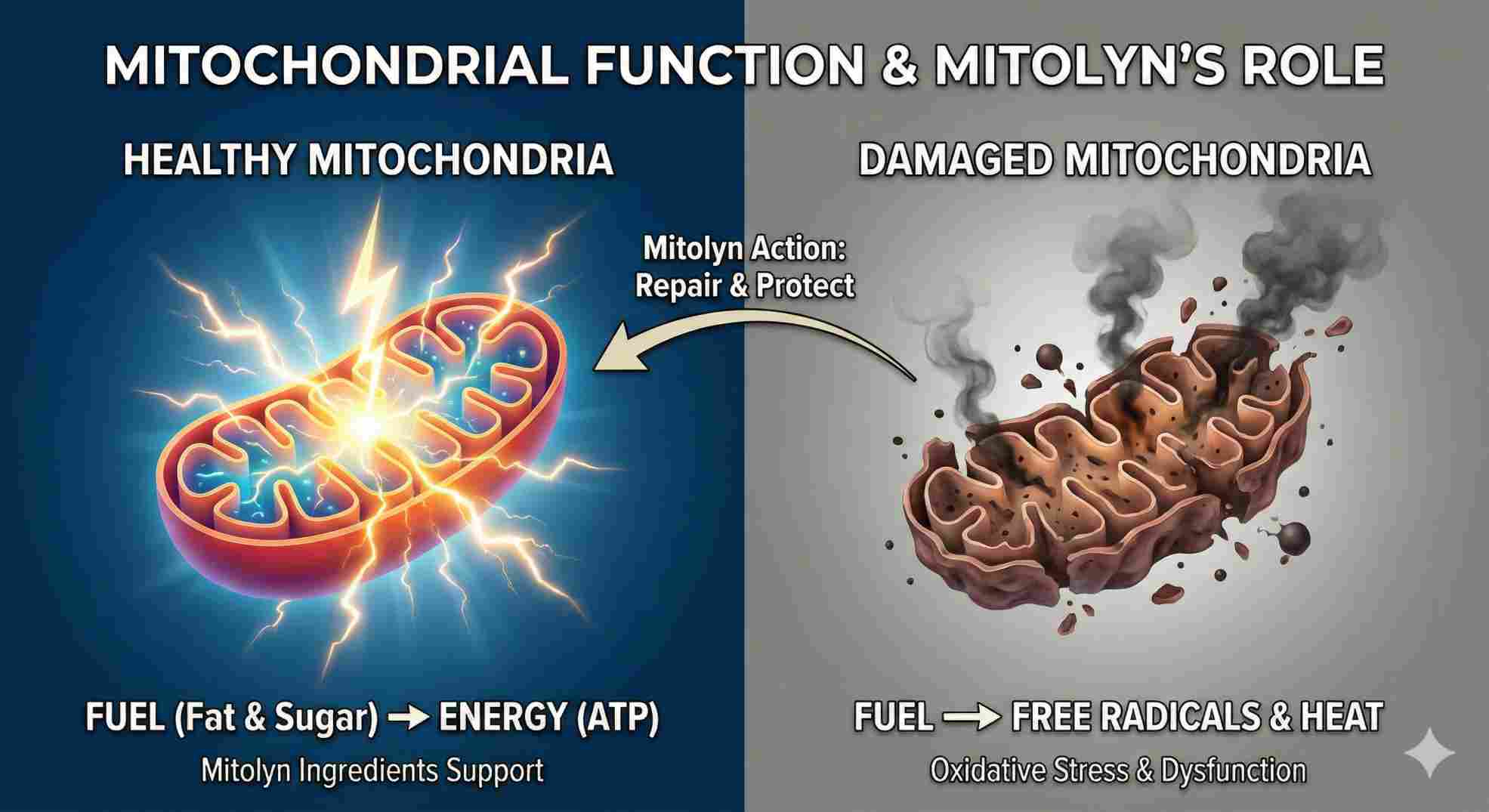 Diagram comparing healthy mitochondria to damaged mitochondria showing how Mitolyn ingredients work