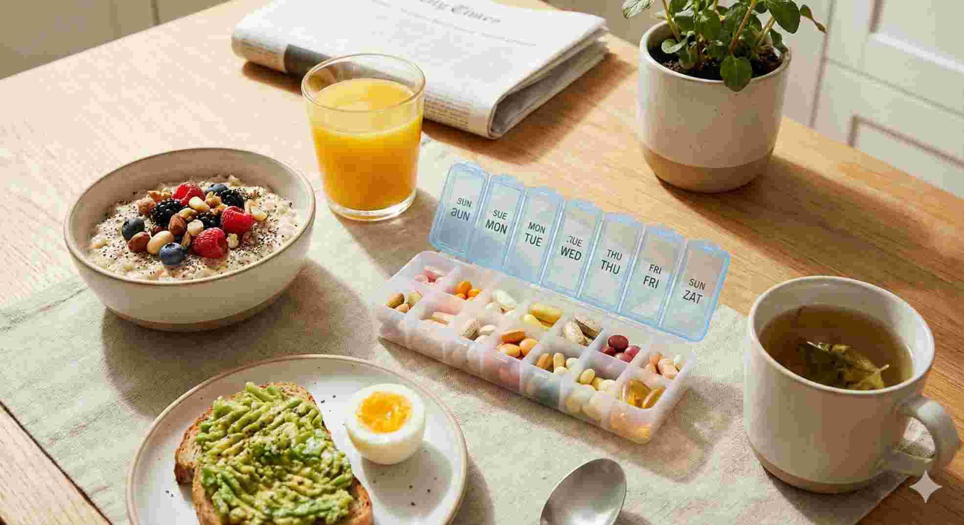 Healthy breakfast setting with vitamins for women over fifty and a glass of water