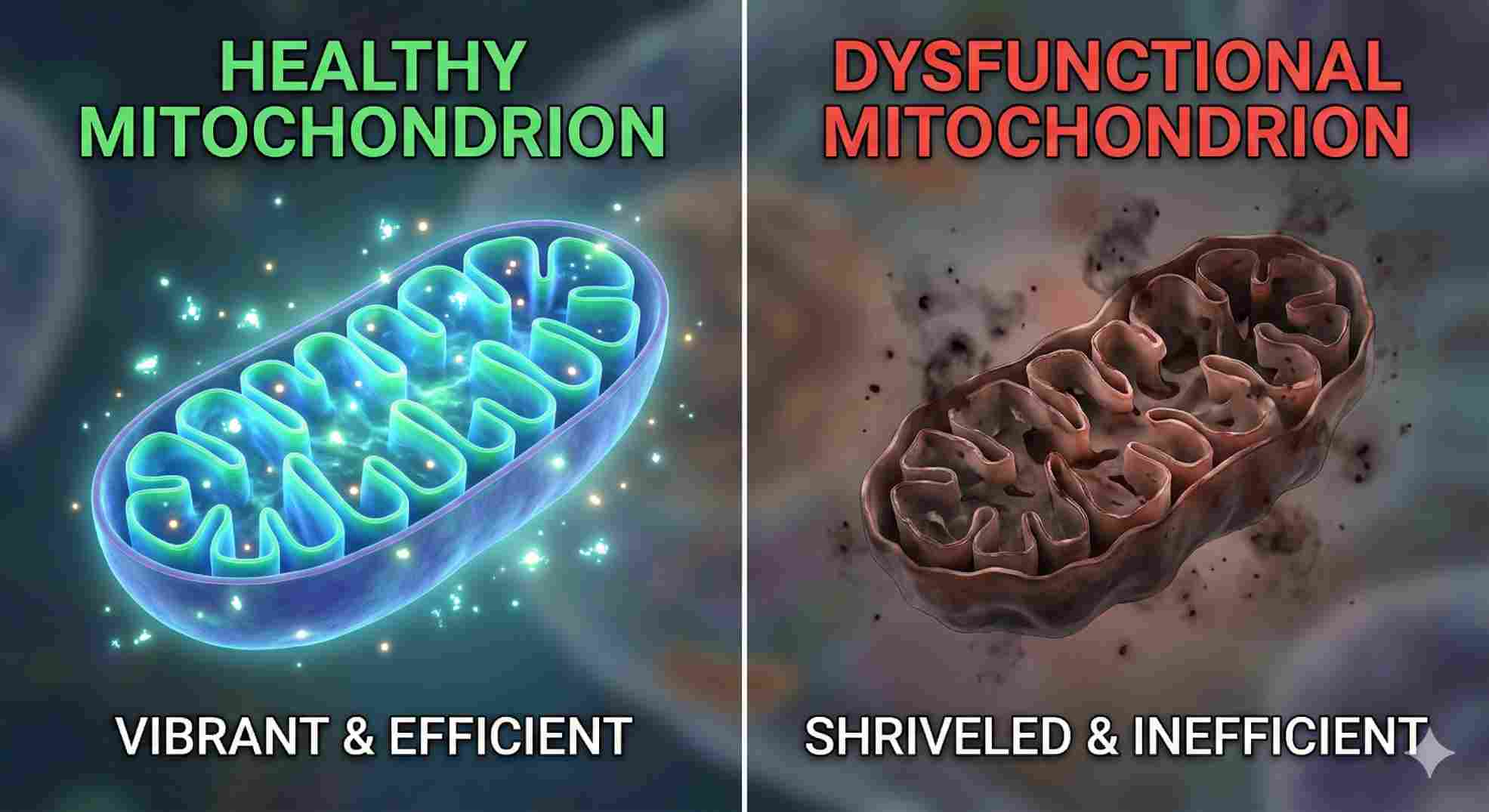 Healthy vs damaged mitochondria cell comparison for mitochondrial health