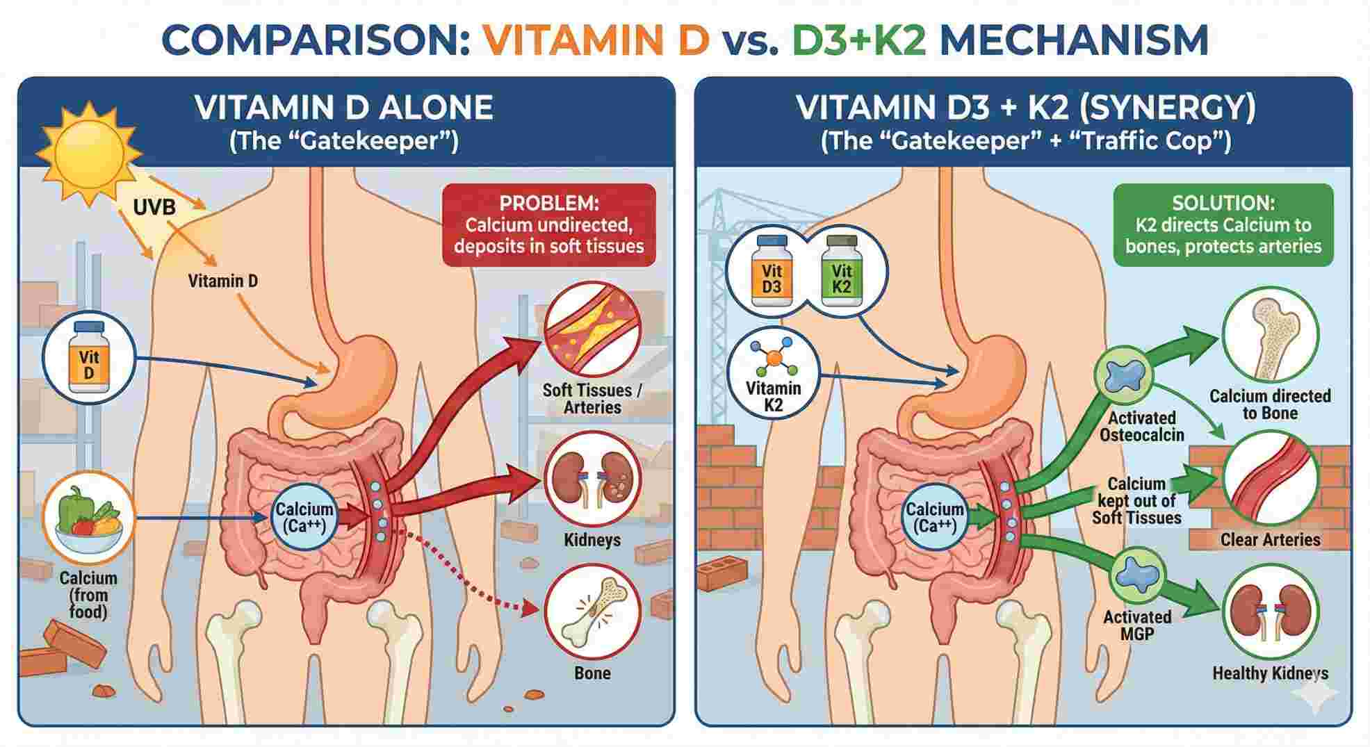Illustration showing vitamins for women over fifty Calcium entering bone with K2 vs calcifying arteries without it