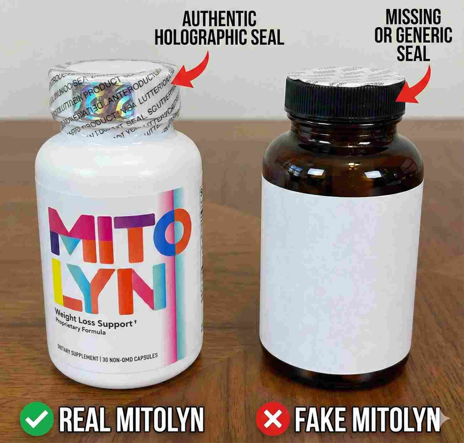 Real vs Fake Mitolyn bottle comparison identifying the security seal