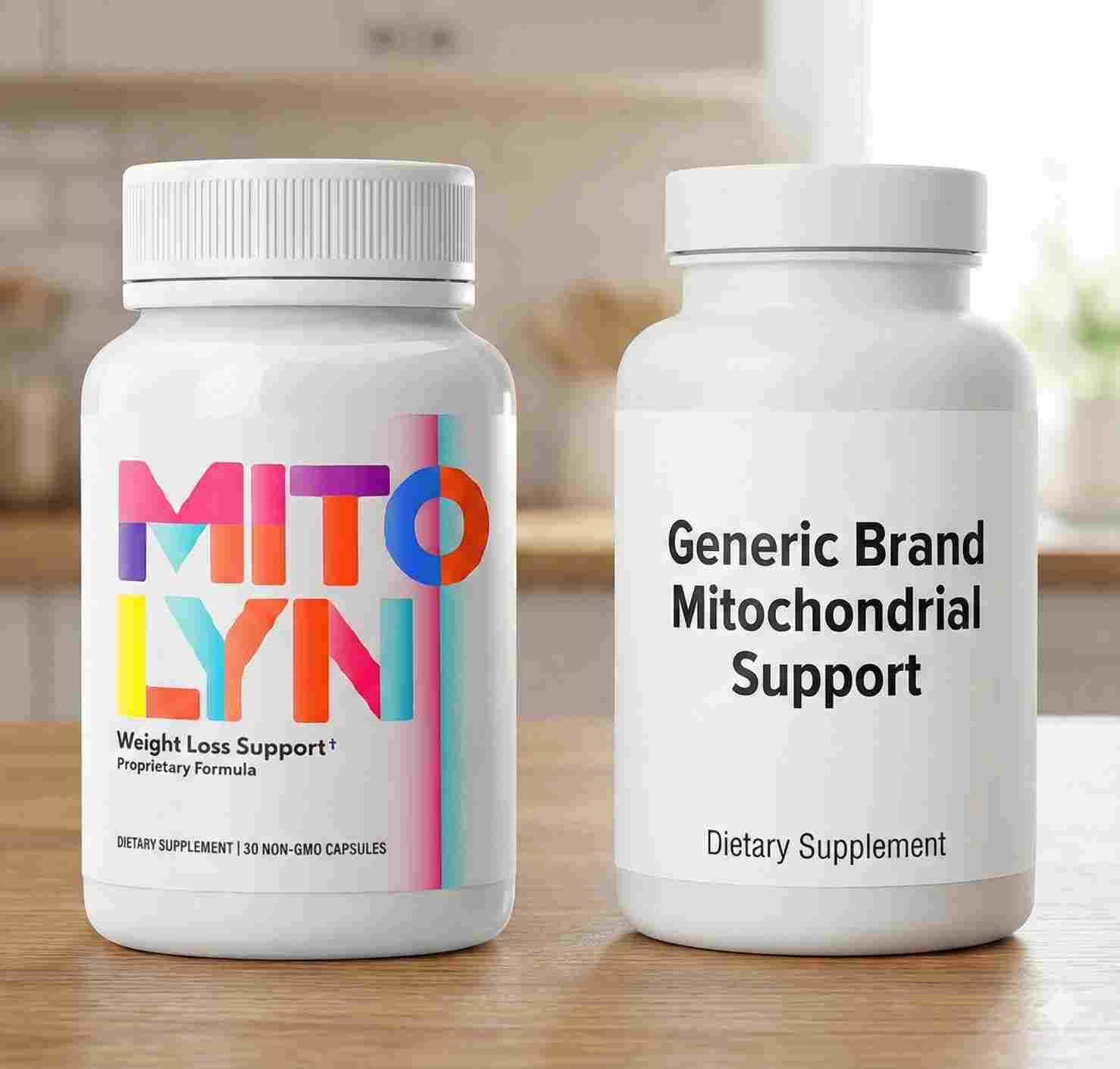 Side-by-side bottle comparison of Mitolyn vs Generic Brand