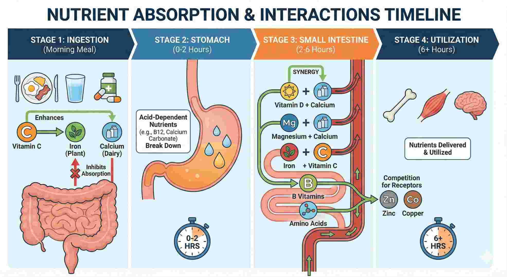 Timeline showing when to take vitamins for women over fifty to avoid drug interactions