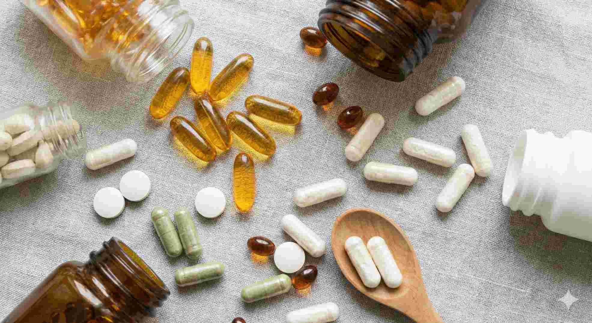 top 10 longevity supplements vitamins flat lay