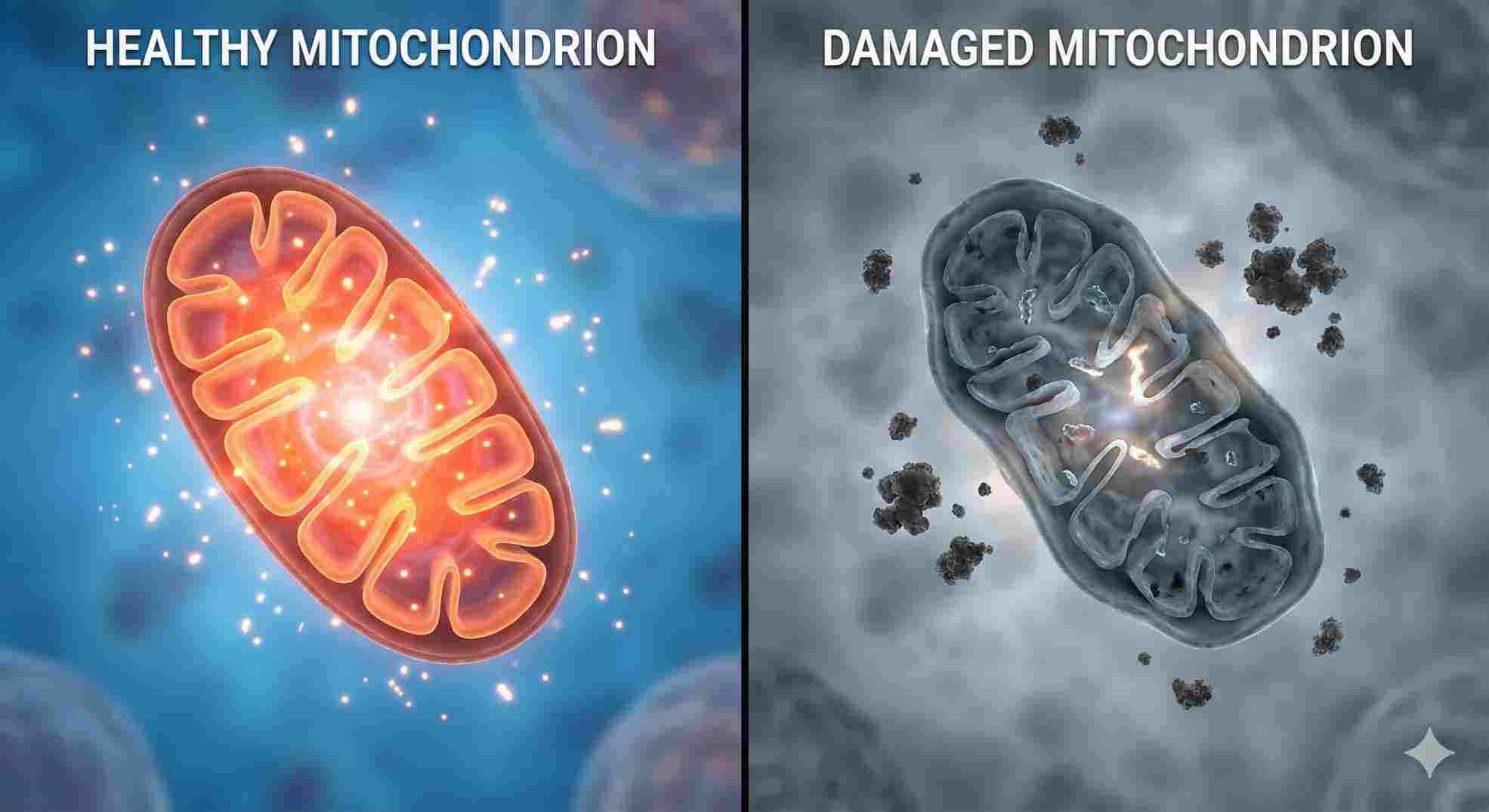 Healthy vs damaged mitochondria cellular energy comparison