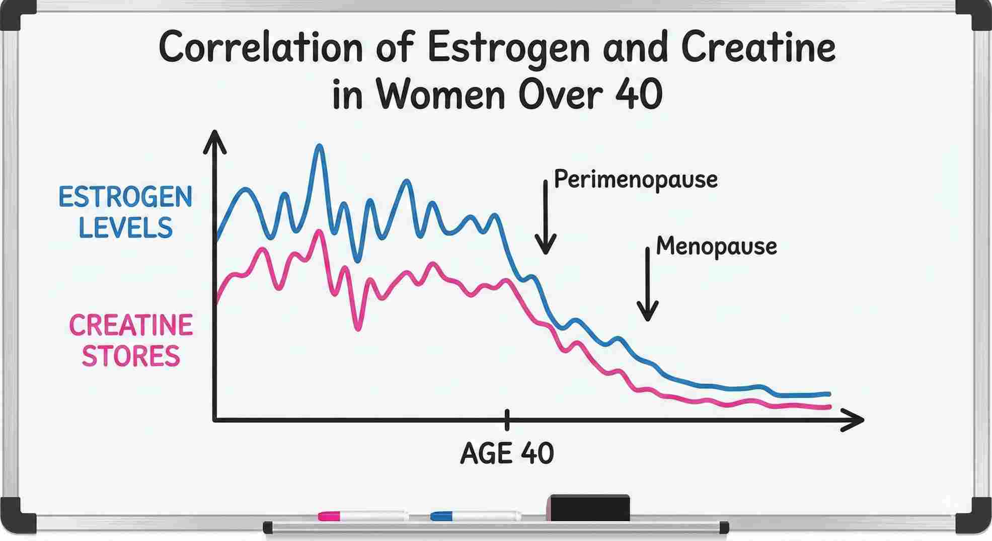 chart showing estrogen and creatine levels declining in women over 40