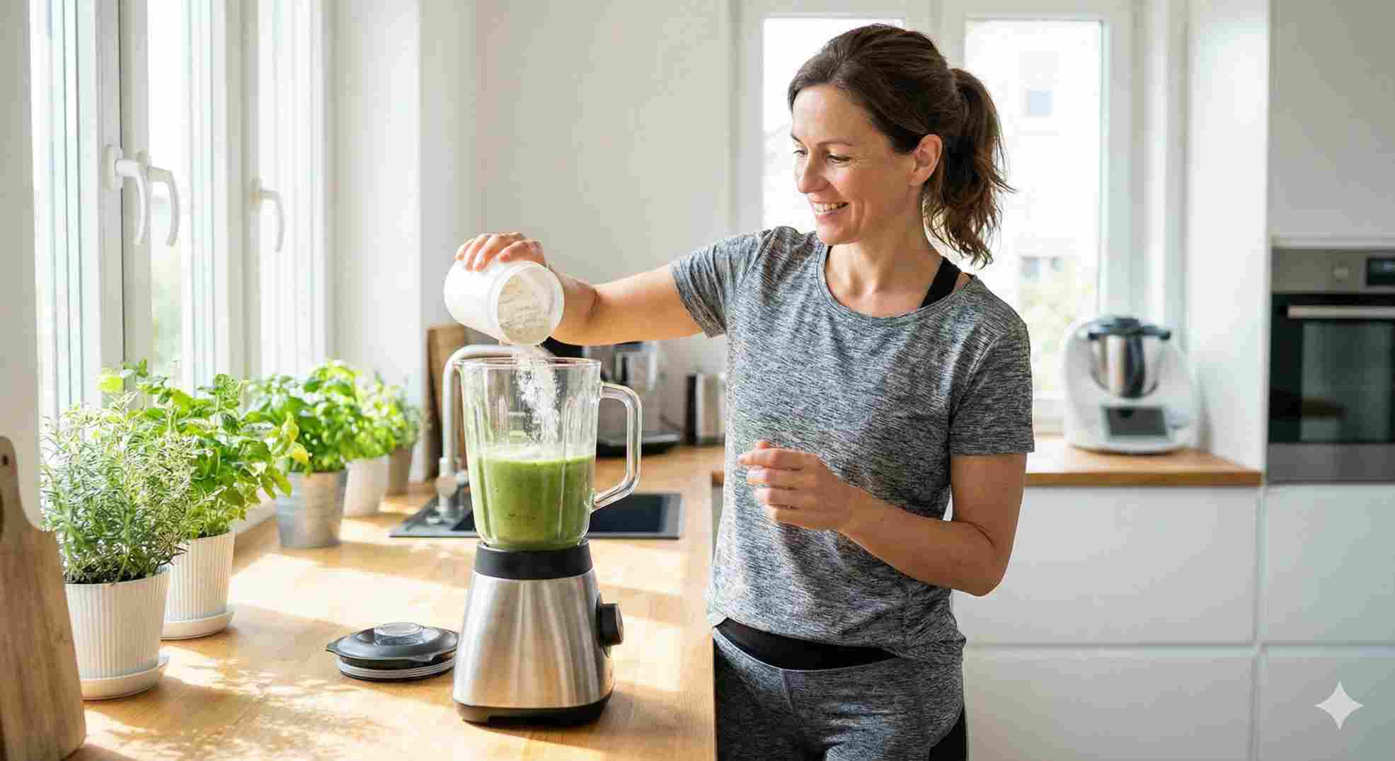 woman over 40 mixing creatine powder into smoothie for health benefits